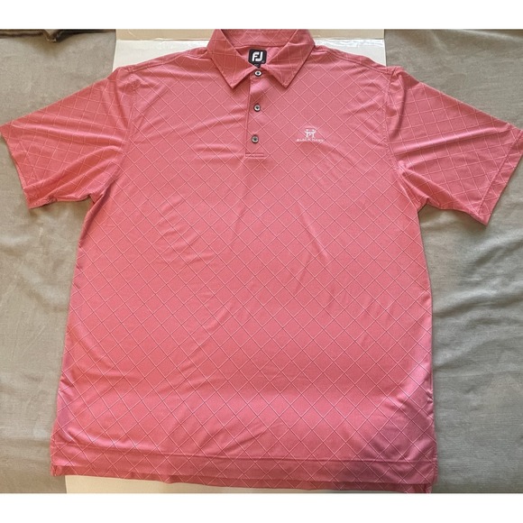 Foot Joy FJ Mens Polo Shirt XL Salmon White Diagonal Plaid Print Black Hawk Logo - Picture 2 of 11